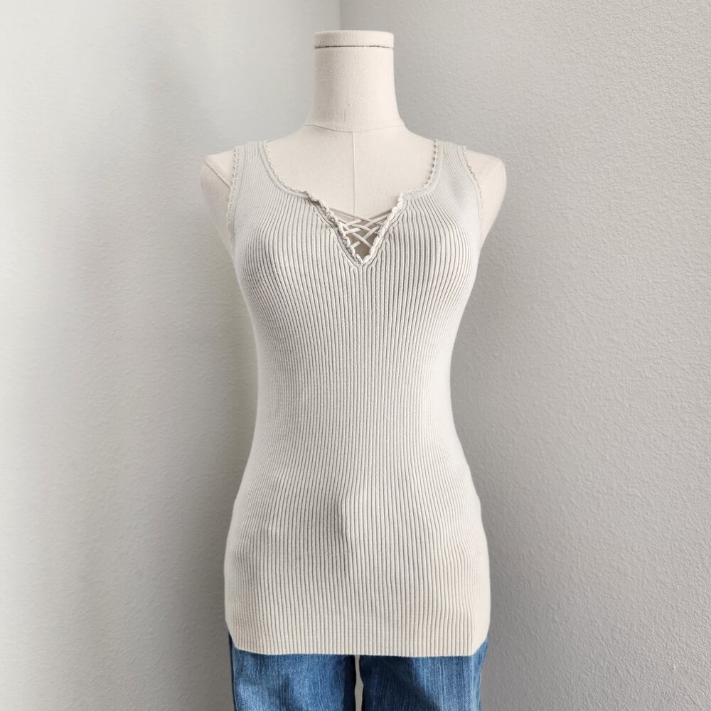 Vintage Y2K Faded Glory Cream Ribbed Lace Up Knit Tank Top S